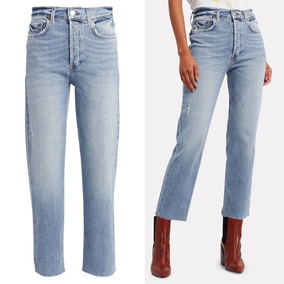 Re/Done- High Rise Stove Pipe Straight Leg Jeans Lightly Distressed Size 25 - Picture 1 of 11